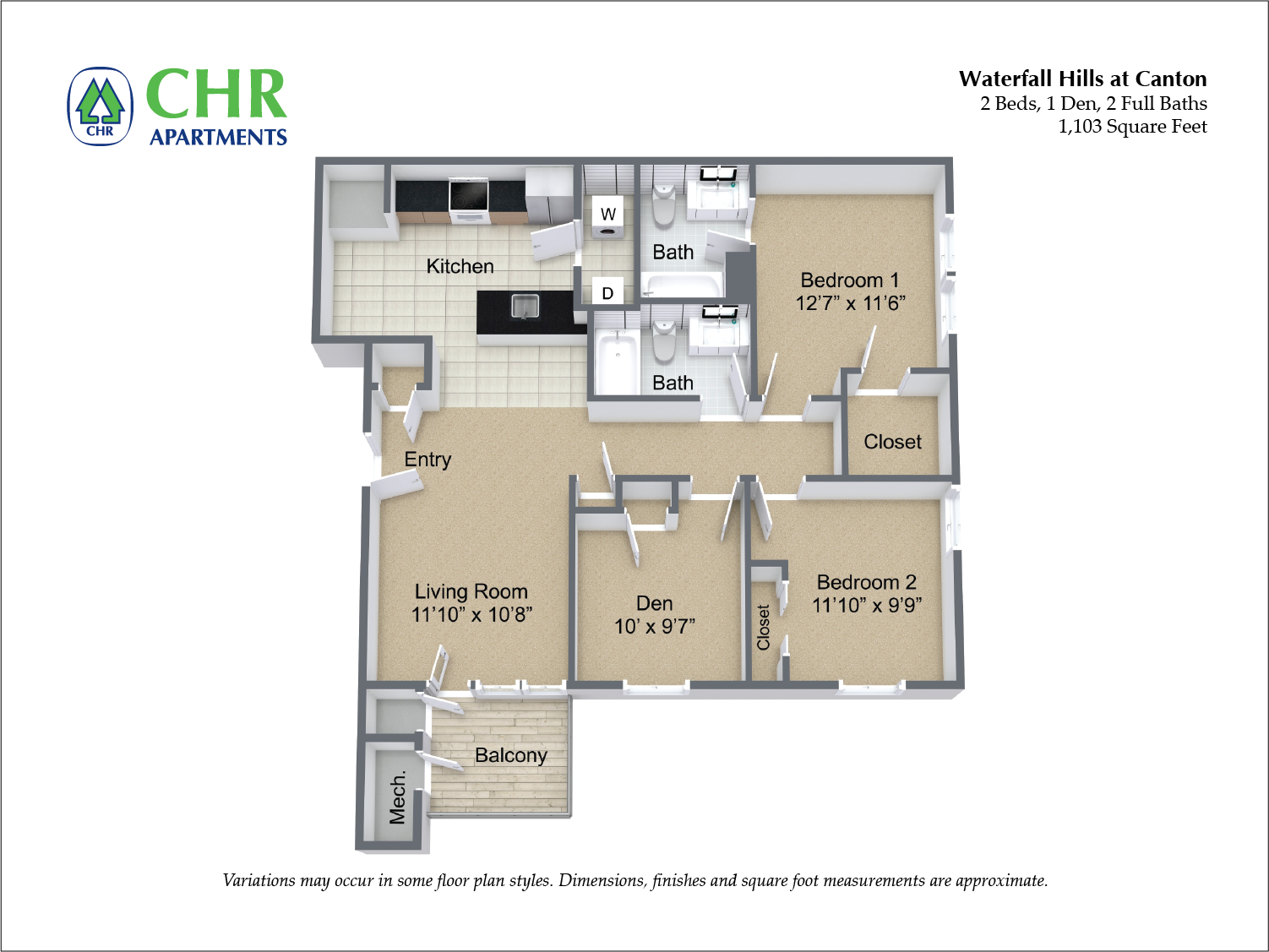 Floor plan for 2 beds, 2 baths, 1103 sqft